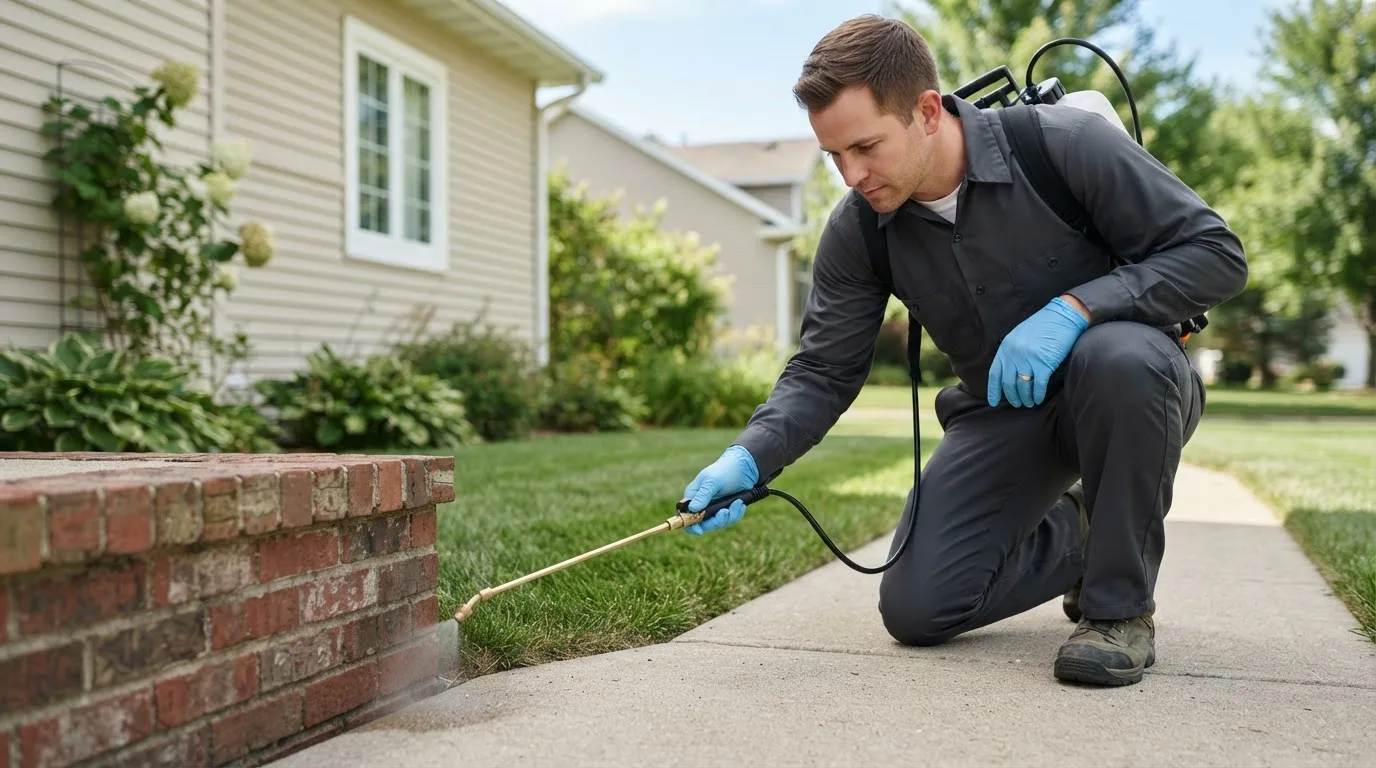 Pest control technician treating a home near Yeso, NM